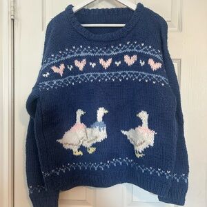 Charming Blue Sweater with Heart and Duck Motif